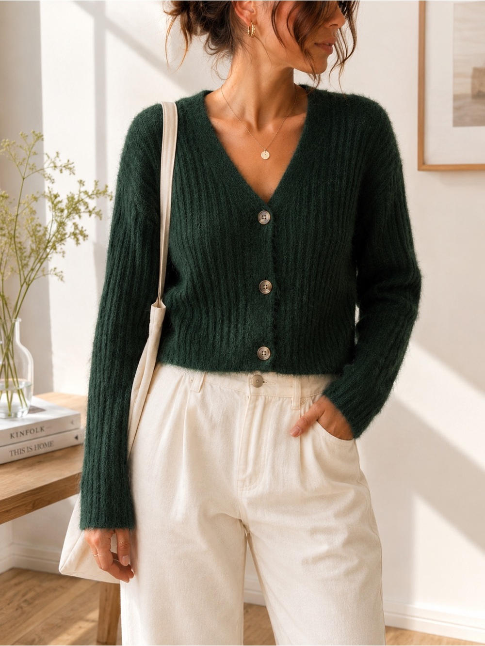 Sincerely Jules Forest Green Fuzzy Eyelash Knit Cropped Cardigan Small